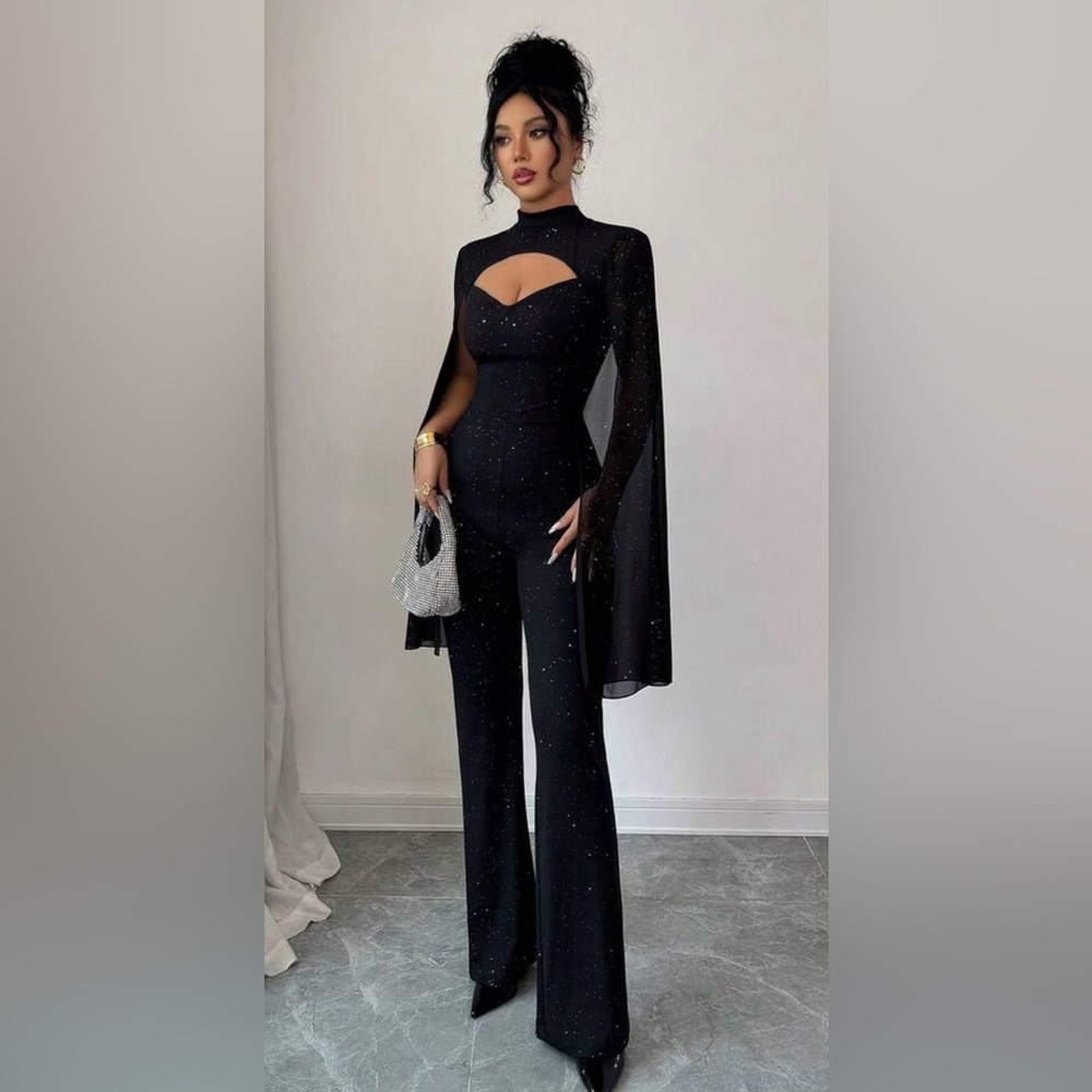 Elegant Black Cape Jumpsuit - Picture 2 of 4